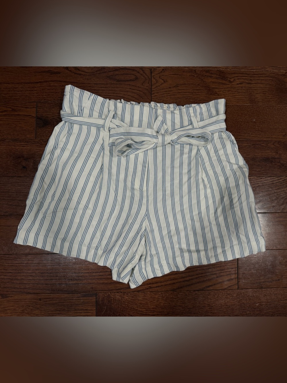 LOFT White High-Waist Striped Paperbag Shorts with Blue Stripes